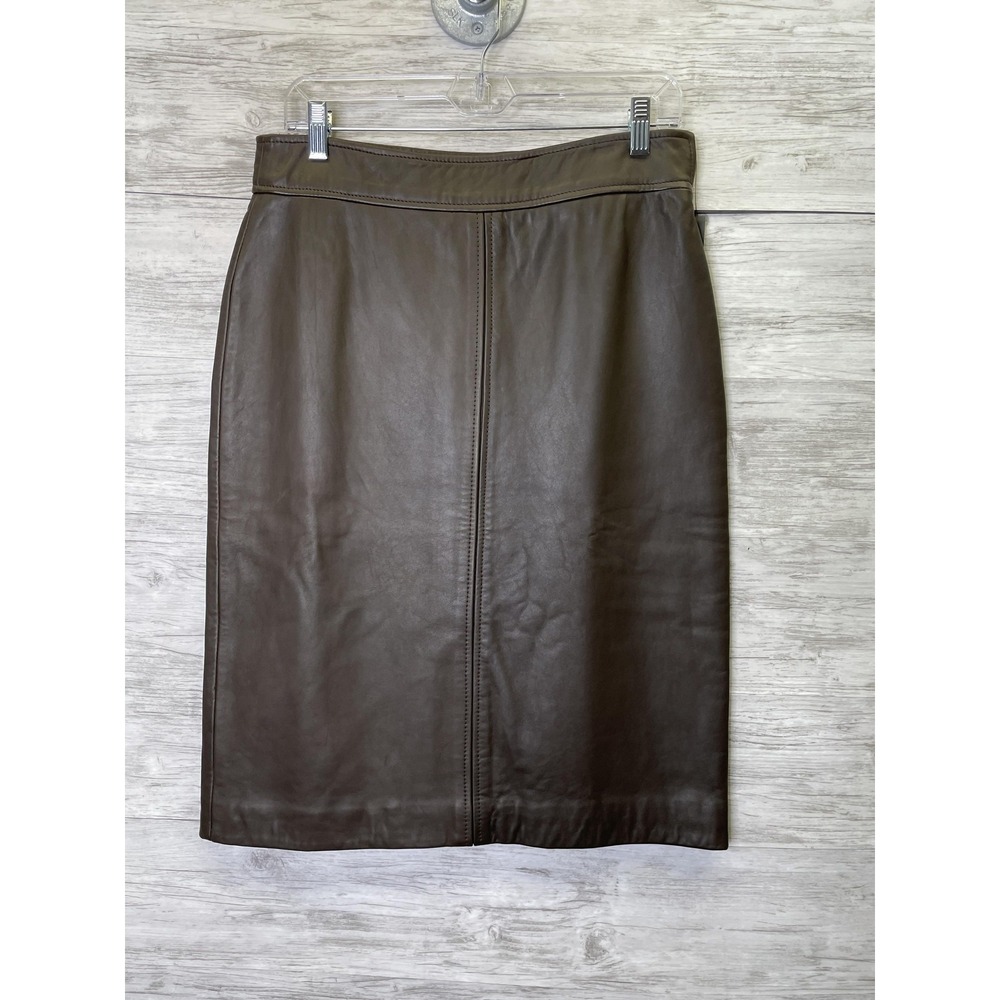 DKNY Skirt Womens 08 Brown Leather Pencil Knee Length Lined Zip Slit NWT
